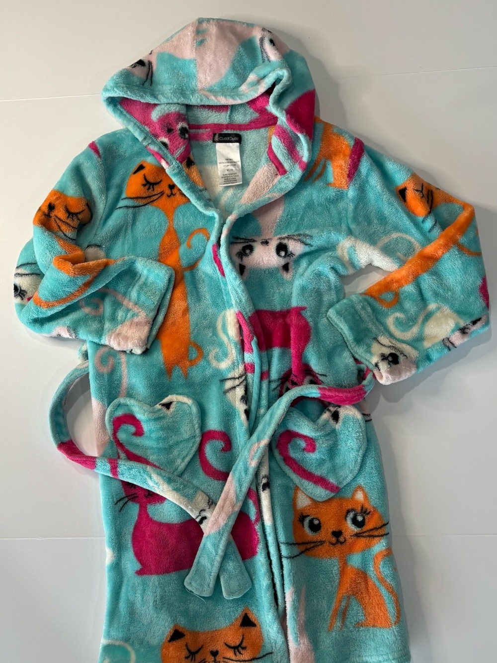Cuddl Duds Kids Hooded Robe in Aqua with Orange & Pink Cat Prints